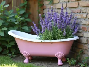 Vintage Pastel Bath Garden - A charming vintage children's bathtub painted in soft pastel pink, repurposed as a garden planter, filled with cascading lavender and sage, placed against a rustic garden wall, photorealistic, soft afternoon light