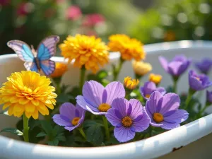 Whimsical Butterfly Bath Planter - Close-up of a white children's bathtub hand-painted with colorful butterflies, filled with purple verbena and yellow marigolds, morning dew on petals, bright natural lighting