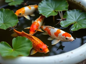 Wildlife Tub Garden Close-up - Close-up shot of a clawfoot tub pond showing vibrant koi fish swimming among water lily pads, with dragonflies hovering above, crystalline water with natural lighting