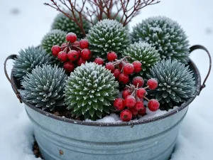 Winter Evergreen Tub Garden - Aerial view of a frost-covered galvanized metal tub containing dwarf evergreens, red winterberries, and silver-blue juniper, with snow dusting the arrangement