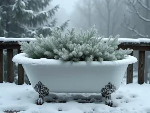 Winter Frost Tub Garden - Wide shot of a white clawfoot tub with frosted edges, filled with winter-hardy evergreens and silver-leaved plants, captured on a misty morning