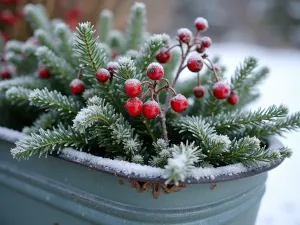 Winter Interest Tub Garden - Close-up of a frost-covered vintage tub featuring evergreen plants and winter berries, creating beautiful winter interest