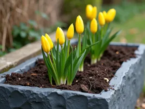 Winter to Spring Preparation - Side view of a slate tub showing protective mulch being pulled back to reveal emerging spring bulbs, with winter aconites already in bloom