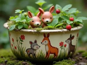 Woodland Creature Bath Garden - Close-up detail of a cream-colored children's tub hand-painted with forest animals, planted with ferns and wild strawberries, moss-covered edges, filtered forest light