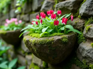 Woodland Vertical Garden - Close-up of moss-covered stone tubs mounted on a shaded wall, filled with ferns, hostas, and bleeding hearts, creating a woodland garden effect