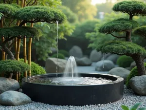 Zen Garden Tub Oasis - Japanese-inspired garden scene with a black stone tub water feature, surrounded by cloud-pruned bushes and bamboo water spout, morning mist adding atmosphere