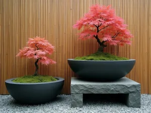 Zen Garden Wall - Minimalist arrangement of black stone tubs on a bamboo screen wall, featuring Japanese maples and moss, with careful attention to negative space