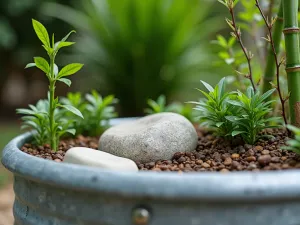 Zen-Inspired Tub Garden - Close-up of a galvanized tub garden with minimal plantings, decorative rocks, and small bamboo, creating a peaceful Asian-inspired aesthetic