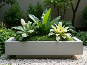 Zen Tropical Container Garden - Side view of a sleek concrete tub featuring harmonious arrangement of variegated shell ginger, dwarf banana, and peace lily. Surrounded by zen-inspired gravel garden.