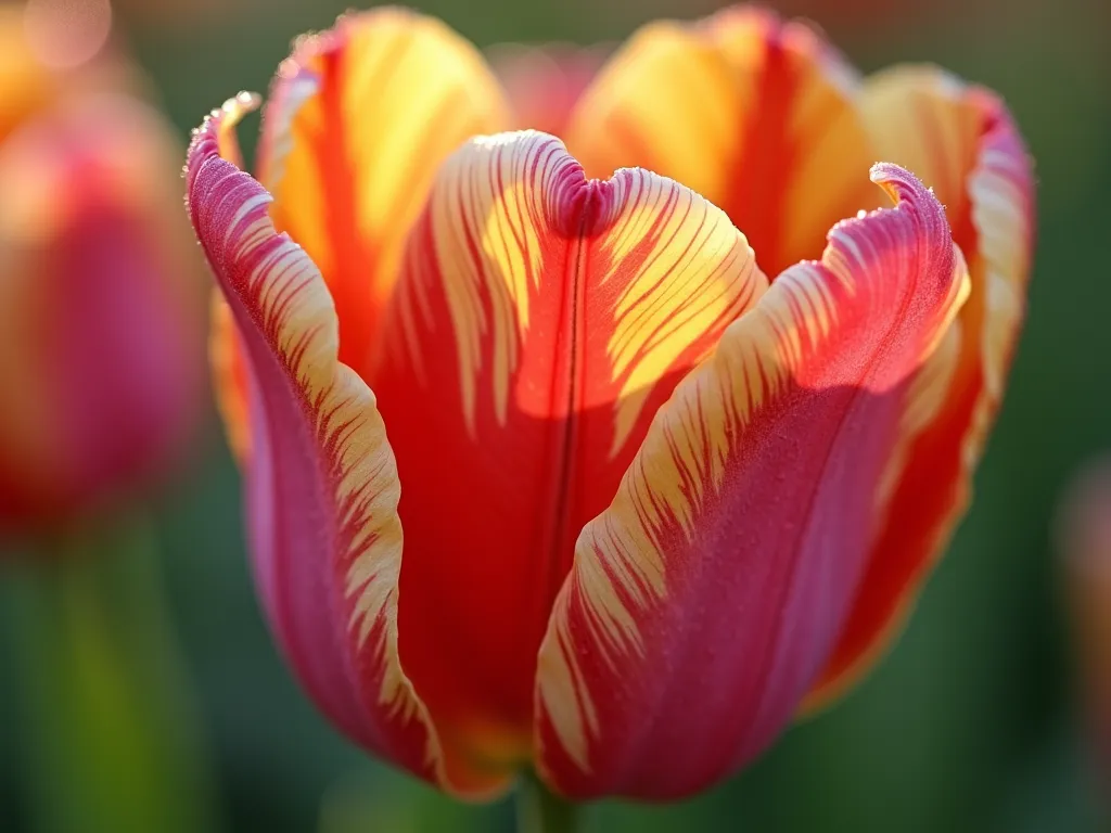 Mesmerizing Tulip Petal Abstract - Extreme macro photograph of a parrot tulip's vibrant petals, shot in a garden at golden hour. The intricate, rippling patterns of pink, orange, and green variegation create a kaleidoscopic abstract composition. Crystal-clear detail reveals the delicate texture and natural striations of the petals, with dewdrops adding sparkle. Soft, diffused sunlight illuminates the translucent petals from behind, creating an ethereal glow. Shot with shallow depth of field to create a dreamy, artistic effect, with the background softly blurred into a gradient of garden colors. Professional DSLR capture at f/8, ISO 100, 1/125 sec, emphasizing the natural patterns and organic flow of the tulip's unique markings.