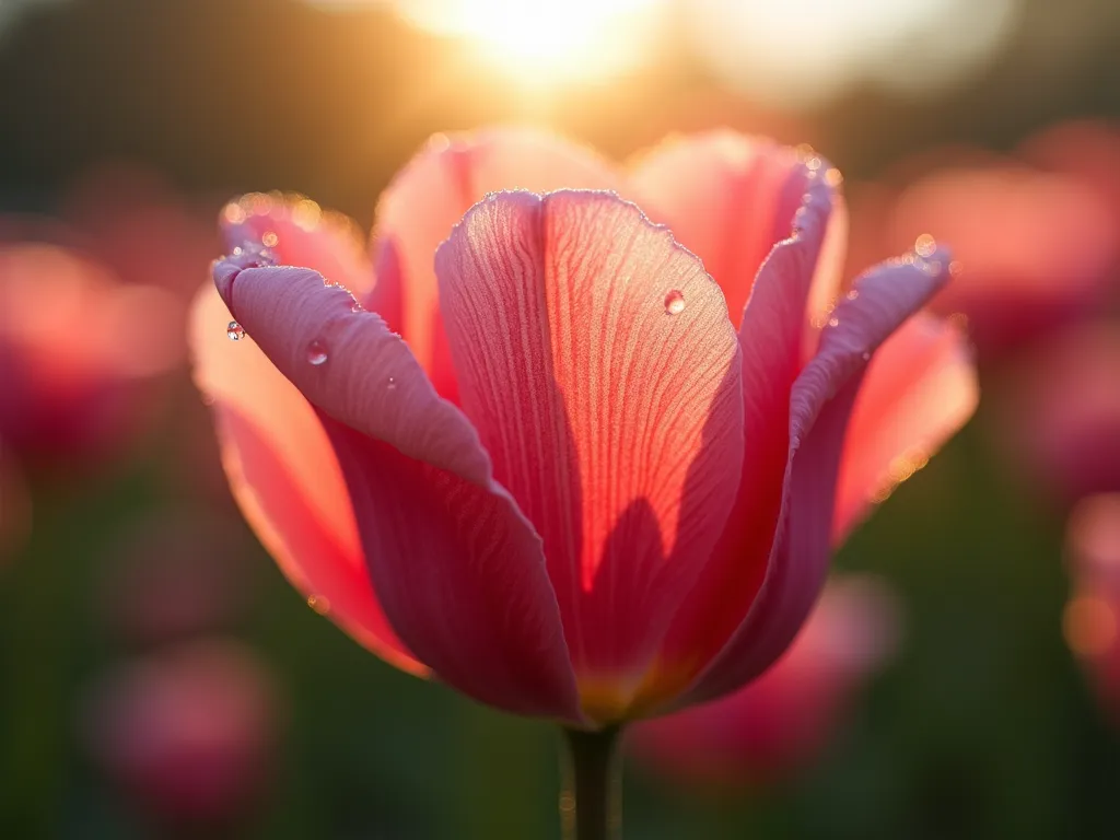 Sunlit Tulip Petal Veins - Ethereal macro photograph of a pink tulip petal backlit by golden morning sunlight in a garden setting, revealing intricate vein patterns and crystalline structures. The translucent petal glows with a soft, otherworldly luminescence, while dewdrops create prismatic effects. The background is a dreamy, bokeh-filled garden scene with other tulips softly blurred, creating depth. Shot from an extreme close-up perspective, capturing the delicate cellular structure and natural patterns within the petal tissue. The morning light creates a magical, almost stained-glass effect through the petal's surface.