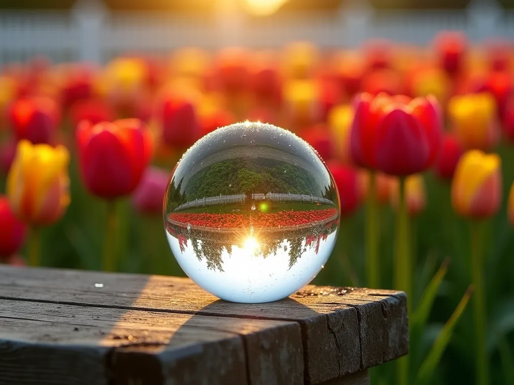 Crystal Ball Tulip Garden Reflection - Professional DSLR photograph of a crystal lens ball positioned among vibrant red and yellow tulips during golden hour, capturing an inverted reflection of a lush spring garden. The lens ball rests on a rustic wooden garden bench, with a soft-focused backdrop of countless tulips stretching toward a white picket fence. Sunlight filters through the ball, creating magical prismatic effects and distortions. The composition follows the rule of thirds, with the crystal ball positioned off-center, while bokeh effects enhance the dreamy atmosphere. Shot with a wide-angle lens at f/8, the image maintains sharp detail in both the lens ball and the surrounding tulips, while natural golden hour lighting adds warm, ethereal tones to the scene. Dew drops on the tulips add sparkle and dimension.