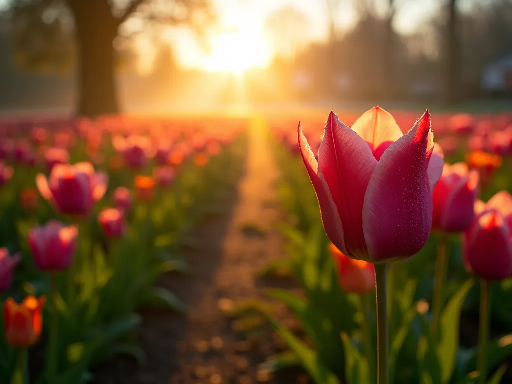 Sunrise Over Tulip Garden - A breathtaking wide-angle photograph of a residential garden at dawn, featuring neat rows of multicolored tulips bathed in golden morning light. The sun peeks over the horizon, creating long, dramatic shadows and backlit tulip petals that appear translucent and glowing. Morning mist hovers just above the ground, diffusing the warm sunlight into ethereal rays that pierce through the garden. The tulips, in shades of deep purple, vibrant red, and sunny yellow, stand tall in perfectly manicured beds alongside a curved garden path. Dewdrops on the petals sparkle like diamonds in the early light. Shot with a digital camera, 16-35mm lens at f/2.8, ISO 400, creating a dreamy bokeh effect while maintaining sharp detail in the foreground flowers.