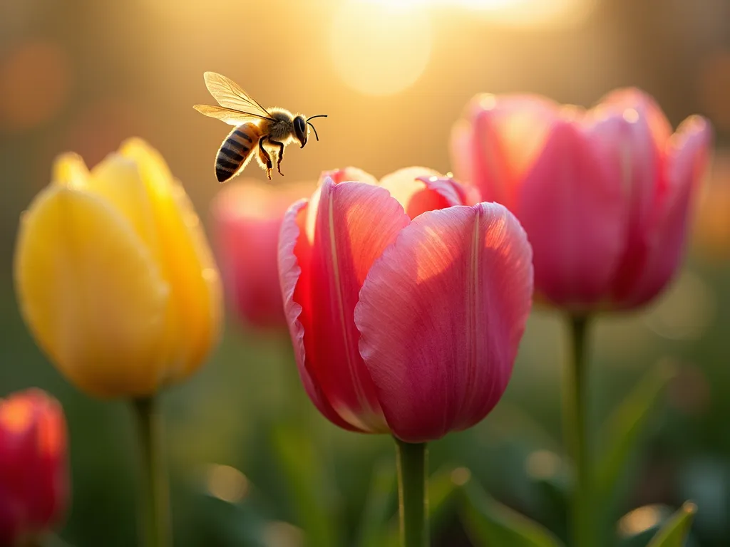 Dawn Tulip Garden Wildlife - Close-up photographic shot of vibrant pink and yellow tulips in a misty garden at dawn, with golden morning light filtering through. A honeybee hovers near a tulip bloom, wings captured mid-flight, with water droplets visible on the petals. Soft bokeh effect in background showing more tulips and natural garden elements. Shot with shallow depth of field, capturing the delicate details of the bee's wings and tulip's texture. Natural garden setting with dew-covered foliage visible in the soft focus background.