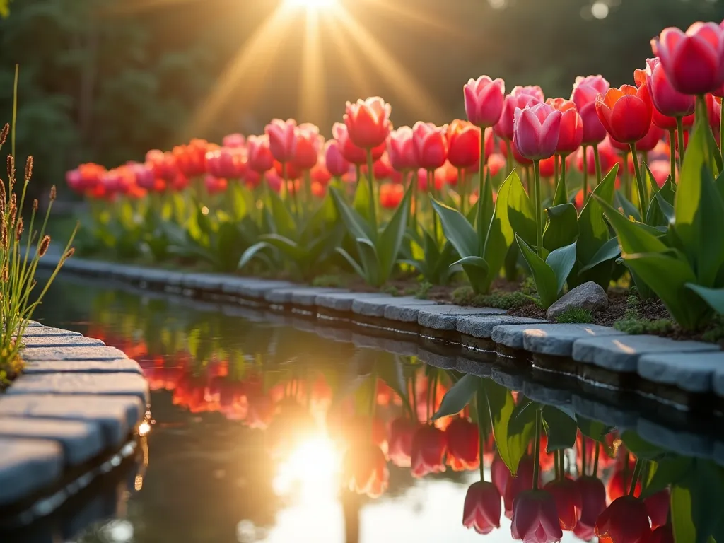 Dawn Tulip Reflection in Garden Pool - A serene early morning garden scene featuring vibrant red and pink tulips reflected perfectly in a still ornamental garden pool. Golden dawn light streams across the scene, creating a ethereal glow on the water's surface. The tulips are arranged in elegant curved beds along the pool's edge, with natural stone pavers creating a refined border. Dewdrops glisten on the tulip petals, and the water's surface is like glass, creating a perfect mirror image that doubles the visual impact. A few ornamental grasses provide subtle background texture. The composition is shot from a low angle just above water level to maximize the reflection's dramatic effect. Photorealistic, high detail, soft morning lighting.