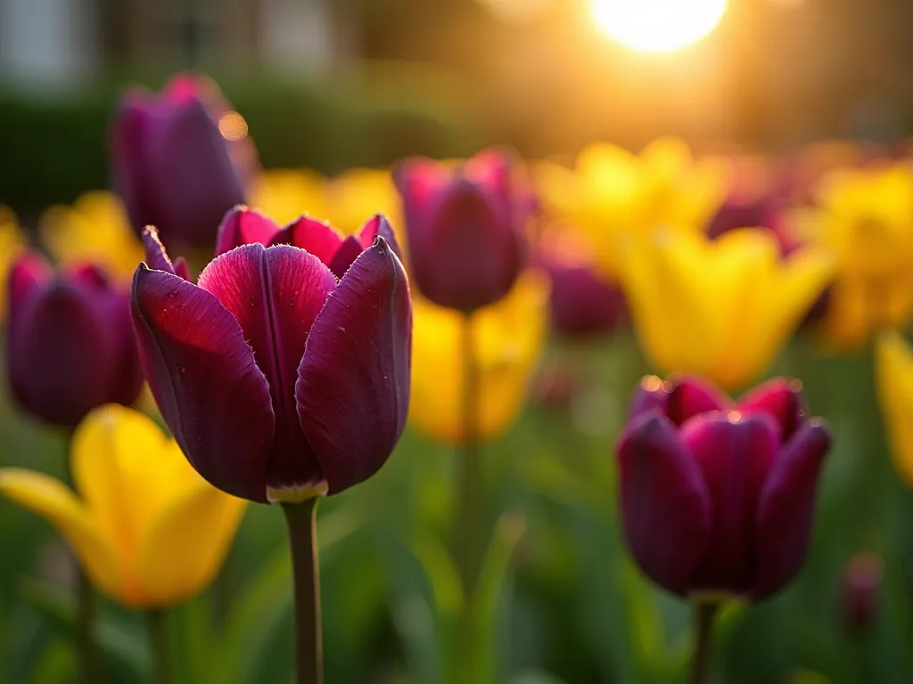 Dramatic Tulip Color Symphony - Close-up photograph of a stunning garden border featuring deep purple and bright yellow tulips intermingling in perfect harmony, shot during golden hour. The tulips are photographed at eye level, with selective focus creating a dreamy bokeh effect in the background. Front blooms are crystal clear, showcasing the rich texture of the petals, while garden greenery provides a soft, blurred backdrop. Dewdrops glisten on the petals, capturing the warm evening light. The composition emphasizes the dramatic color contrast between the royal purple 'Queen of Night' tulips and the sunny yellow 'Strong Gold' varieties, creating a mesmerizing visual display in a well-maintained residential garden setting.