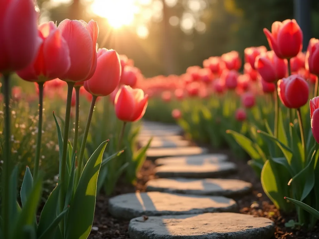 Dreamy Spring Garden Path - A winding stone garden path at golden hour, lined with vibrant red and pink tulips in full bloom. The foreground tulips are in sharp focus, showing intricate petal details and dewdrops, while the path curves gracefully into a dreamy, bokeh-filled background. Soft evening sunlight filters through distant trees, creating a magical atmosphere. The nearest tulips lean gently over vintage weathered stepping stones, with ornamental grasses providing subtle texture between the blooms. Photographic style emphasizing shallow depth of field with an ethereal, romantic quality.