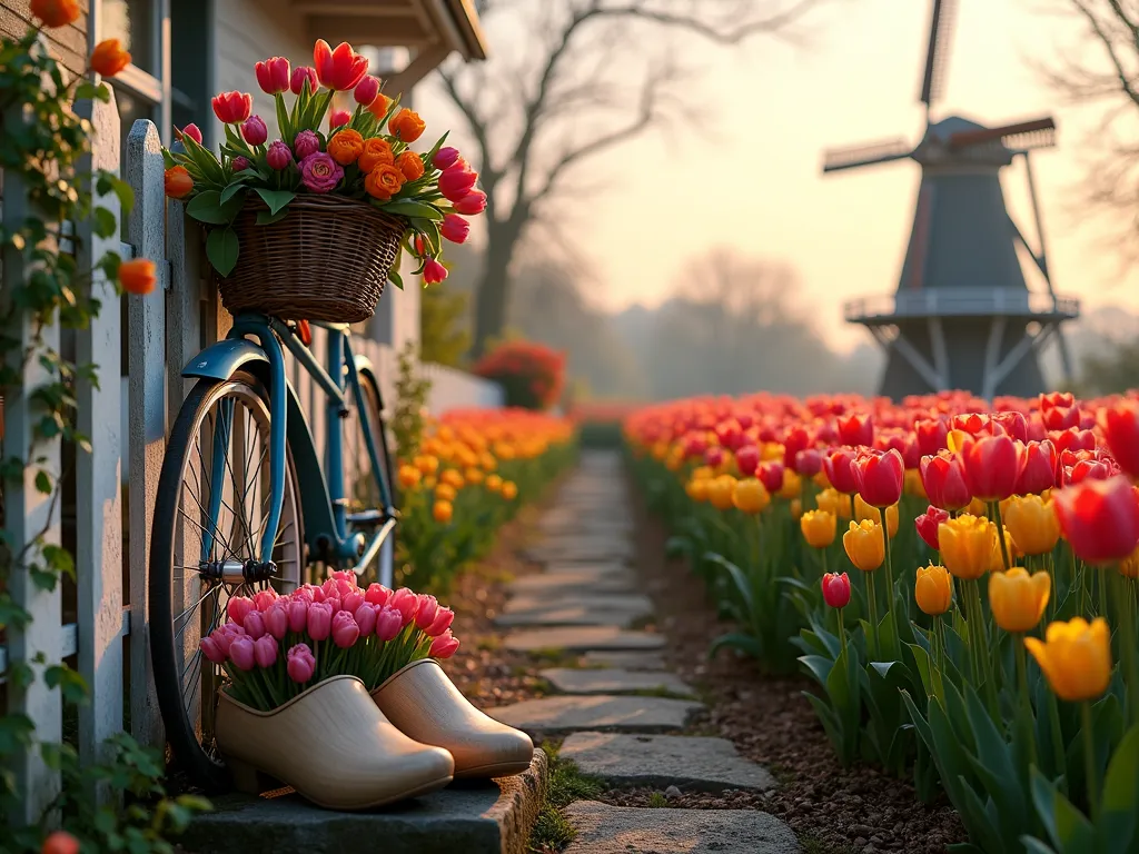 Dutch Garden Heritage at Dawn - A charming garden scene at dawn with soft morning light filtering through rows of vibrant red and yellow tulips leading to an authentic weathered wooden Dutch windmill. In the foreground, artfully arranged traditional wooden clogs filled with pink tulips rest on rustic stone steps. A vintage blue bicycle leans against a white picket fence, its basket overflowing with freshly cut orange and purple tulips. Morning dew glistens on the flowers, while climbing roses adorn the fence. The composition is captured from a low angle, emphasizing the tulips in the foreground while showing the full garden scene with the windmill silhouetted against the pastel sunrise sky. Photorealistic, high detail, soft natural lighting.