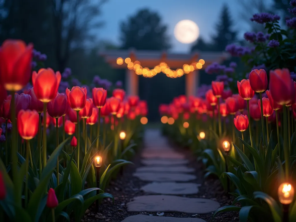 Enchanted Tulip Garden at Night - A magical nighttime garden scene captured with a 16-35mm lens at f/2.8, ISO 400, featuring a winding garden path lined with illuminated red and purple tulips. Warm LED ground lights cast ethereal shadows through the tulip stems, while strings of fairy lights draped across a nearby pergola create a dreamy bokeh effect in the background. The full moon peeks through wispy clouds, providing natural backlighting that silhouettes the tulips' elegant forms. A long exposure captures the subtle movement of the flowers in the evening breeze, creating a soft, ghostly effect. The foreground tulips are crisp and detailed, while the background gently fades into a mysterious, atmospheric garden landscape.