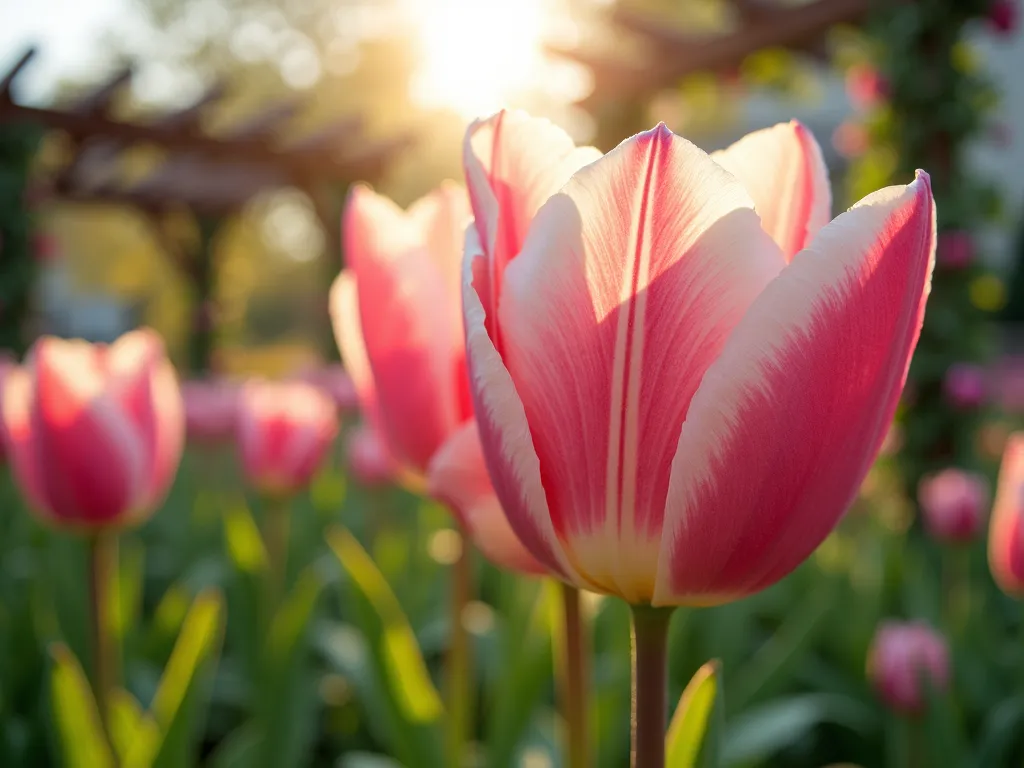 Ethereal Tulip Garden Double Exposure - A dreamy double exposure photograph blending a close-up of pink and white tulip petals with a wider garden scene at golden hour. The tulip details are semi-transparent at 50% opacity, revealing a serene backyard garden vista beneath with curved flower beds, featuring dozens of tulips in full bloom swaying gently in the breeze. Shot with a 16-35mm lens at f/2.8, ISO 400, the foreground tulip is captured in sharp detail showing delicate petal textures and morning dew drops, while the background garden scene includes a rustic wooden pergola draped with climbing roses, creating depth and architectural interest. Soft, golden sunlight filters through the composition, casting long shadows and adding a magical quality to the layered imagery. Professional photography, artistic, ethereal, high detail, photographic double exposure technique.