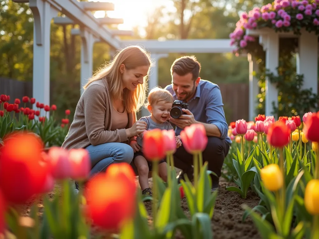 Family Tulip Garden Moment - A heartwarming morning scene captured with a wide-angle DSLR lens showing a young family of three in their backyard tulip garden. A mother in gardening attire kneels beside her curious toddler who's gently touching a vibrant red tulip bloom, while the father photographs them. The garden features neat rows of multicolored tulips - red Queen of Night, pink Angelique, and yellow Strong Gold varieties - creating a rainbow effect in the soft morning light. Natural lens flare filters through the scene, casting a golden glow on the dewy flowers. The composition is framed by a white pergola covered in climbing roses, adding depth to the background. Shot at f/8 for optimal depth of field, capturing both the intimate family interaction and the extensive garden detail.