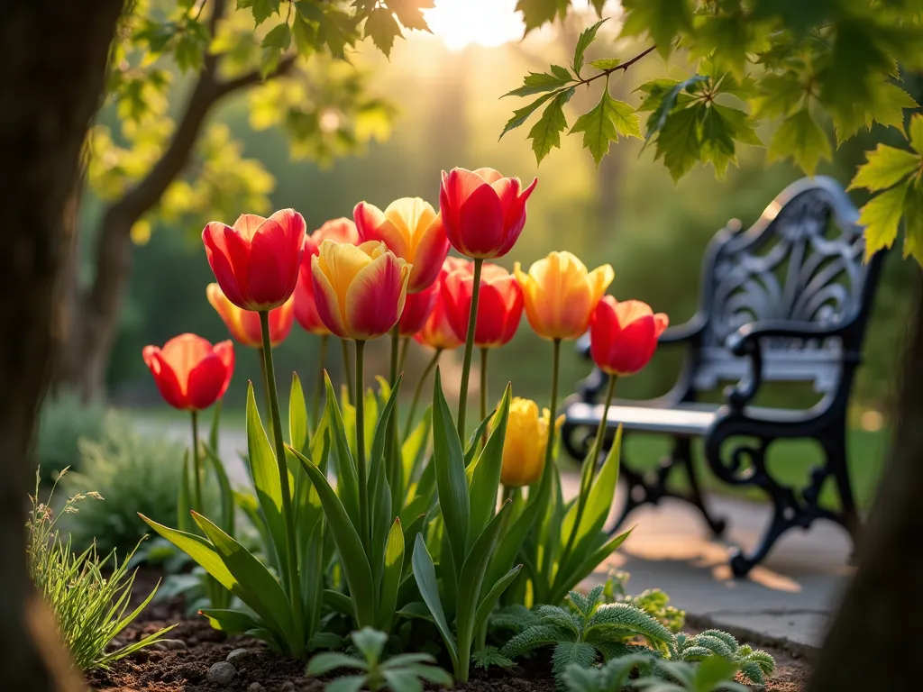 Tulips Through Spring Foliage Frame - A professional DSLR photograph of vibrant red and yellow tulips captured through a natural frame of delicate spring foliage. Shot at golden hour, with soft sunlight filtering through overhanging maple branches creating dappled shadows. The tulips are positioned in a raised garden bed near a rustic stone pathway, with ornamental grasses and ferns creating depth in the foreground. The shallow depth of field highlights the tulips while keeping the surrounding foliage frame slightly soft. The composition shows multiple tulip blooms at different heights, with some catching the warm evening light on their petals. A vintage wrought iron garden bench is partially visible in the background, adding architectural interest. The natural frame of leaves and branches creates a window-like effect, drawing the viewer's eye directly to the tulip display.