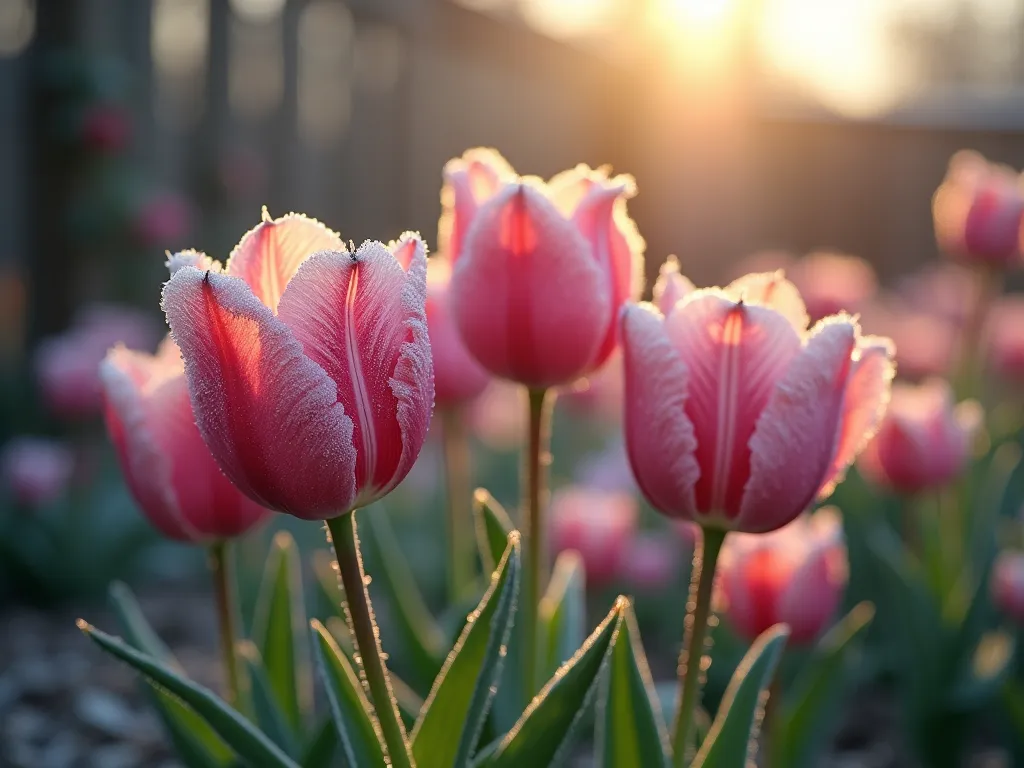 Dawn Frost Tulips in Morning Light - A stunning DSLR macro photograph of delicate pink and white tulips in a manicured garden border, captured at dawn. Crystal-like frost patterns glisten on the velvety petals, creating a magical ethereal effect. Golden early morning sunlight filters through the frozen droplets, casting prismatic reflections. Sharp focus on the frost details while maintaining a dreamy, bokeh background of other frost-covered spring flowers. The composition shows both individual tulip blooms and a wider garden perspective with a rustic wooden fence and climbing roses in the soft background. Photorealistic, high detail, moody morning atmosphere, cinematic lighting.