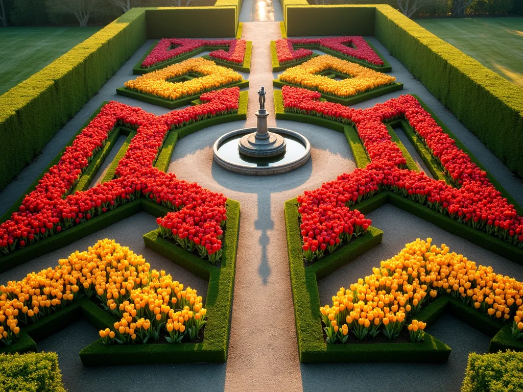 Geometric Tulip Garden from Above - Aerial perspective of a meticulously planned formal tulip garden, shot during golden hour. Vibrant red and yellow tulips arranged in precise diamond and square patterns, creating a stunning geometric tapestry. Manicured hedges frame the geometric design, with gravel pathways intersecting at perfect angles. Soft afternoon sunlight casts gentle shadows, emphasizing the garden's mathematical symmetry. Shot with a wide-angle lens capturing the entire garden layout from an elevated position, showing the grand scale of the formal design. Crystal-clear detail of individual tulip blooms while maintaining the striking overall pattern. A classical stone fountain serves as a central focal point, with the geometric tulip beds radiating outward in perfect symmetry.