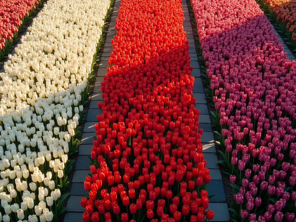 Geometric Tulip Color Blocks from Above - Aerial view of a meticulously designed garden featuring bold geometric blocks of tulips in distinct colors, photographed during golden hour. Three rectangular sections showcase pure white, vibrant red, and deep purple tulips creating a striking minimalist pattern. The tulips are in full bloom, their petals creating a seamless carpet-like effect. Shot with a wide-angle lens at f/2.8, capturing the clean lines between color transitions and subtle shadows cast by the late afternoon sun. Natural stone pathways separate each color block, adding architectural structure to the composition. Crisp focus reveals the intricate details of each tulip while maintaining the graphic, abstract quality of the overall design.