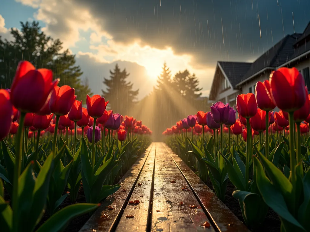 Misty Tulip Garden Storm - A dramatic wide-angle DSLR photograph of a residential garden with rows of vibrant red and purple tulips swaying in the wind. Dark, brooding storm clouds loom overhead, creating a moody atmosphere. Golden rays of sunlight pierce through breaks in the clouds, illuminating raindrops falling on the tulip petals. A weathered wooden deck in the foreground leads the eye to the garden, while morning mist hovers just above the ground, adding ethereal depth. The composition captures the tulips' movement against the dramatic skyscape, with selective focus highlighting water droplets on the flowers. Shot with professional camera settings: f/8 aperture, ISO 100, 1/125 shutter speed, creating sharp detail and natural lighting effects. Photorealistic, cinematic quality, moody atmosphere.