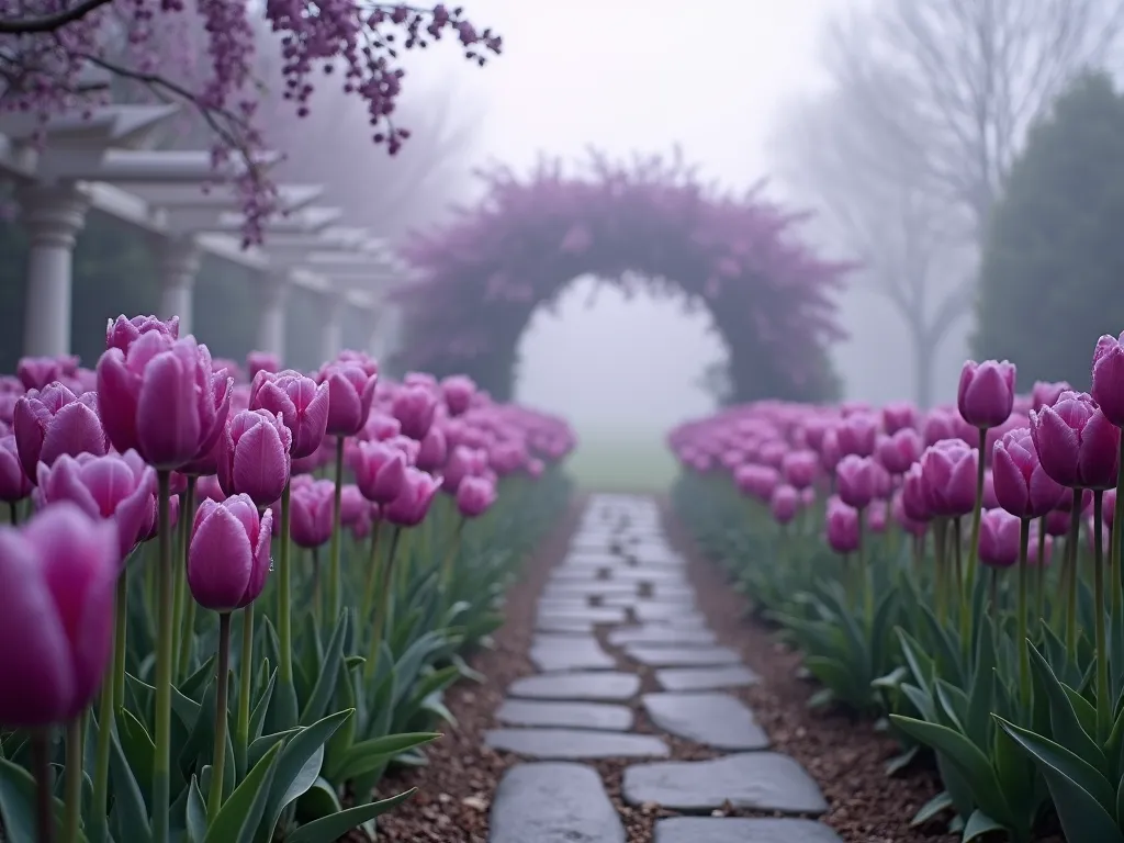 Ethereal Purple Tulip Garden at Dawn - A misty spring morning in a tranquil garden, featuring a mesmerizing collection of purple tulips in varying shades from deep royal to soft lavender, arranged in elegant curved beds along a natural stone pathway. The early dawn light filters through morning fog, creating a dreamy atmosphere as it illuminates the delicate petals. The tulips are photographed from a low angle, emphasizing their graceful stems and showing the subtle gradients of purple tones. In the background, a white pergola draped with wisteria provides depth, while dewdrops on the tulip petals add sparkle and dimension to the monochromatic scene. The composition includes both sharp and softly focused elements, creating a painterly effect that highlights the romantic nature of the garden.