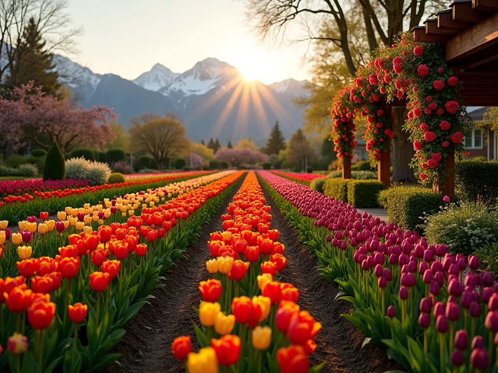 Tulip Garden with Mountain Vista - A stunning wide-angle DSLR photograph of a vibrant tulip garden at golden hour, featuring rows of multicolored tulips leading towards snow-capped mountains in the background. The foreground showcases perfectly arranged beds of red, yellow, and purple tulips in a residential backyard setting, with a rustic wooden pergola draped in climbing roses on the right. The garden is bordered by naturalistic landscaping including ornamental grasses and flowering cherry trees. The warm evening light casts long shadows across the garden, highlighting the tulips' silhouettes against the mountainous backdrop. Professional photography with pristine clarity, dramatic depth of field, and expert composition that captures both intimate garden details and the majestic environmental context. Shot at f/8, ISO 100, 1/125 sec with a wide-angle lens.