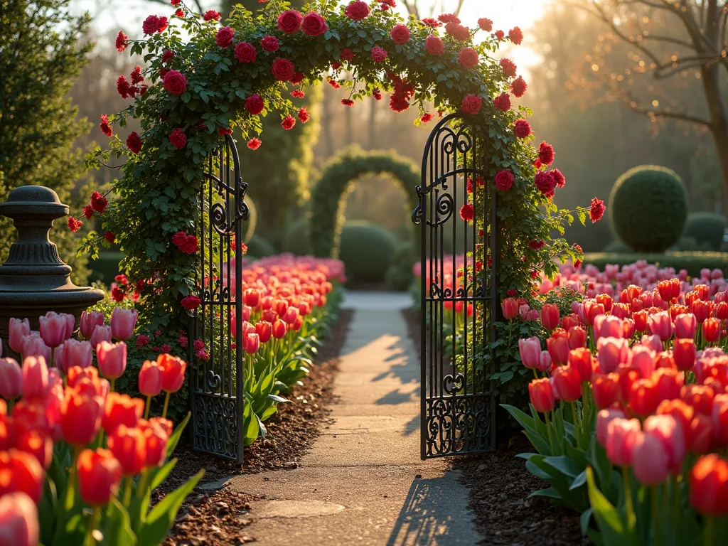 Ornate Garden Gate with Spring Tulips - A romantic garden scene at golden hour featuring a weathered wrought-iron Victorian garden gate entwined with climbing roses, set against a backdrop of vibrant red and pink tulips in full bloom. The gate is partially open, creating an inviting pathway through beds of tulips arranged in elegant curved patterns. A classical stone statue of a water bearer stands to one side, while an antique copper trellis supports climbing vines behind. Soft evening light filters through the scene, casting long shadows and highlighting the delicate tulip petals. Shot from a low angle to emphasize the grandeur of the gate and create depth in the composition. The garden is meticulously maintained with fresh mulch and neat borders, suggesting a formal English garden style.