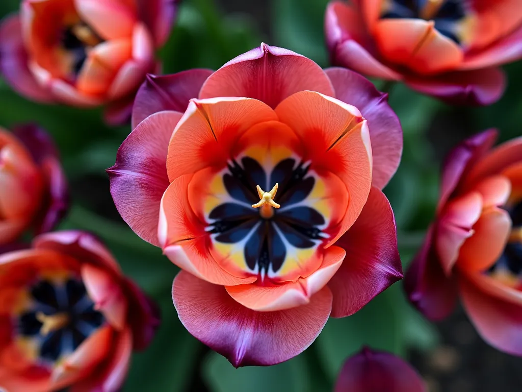 Overhead Tulip Geometric Pattern - A mesmerizing overhead close-up photograph of blooming tulips in a well-manicured garden bed, shot from directly above using natural morning light. The image captures the perfect geometric symmetry of multiple tulip blooms, showing their intricate inner patterns and pistils in stunning detail. The tulips are a mix of deep purple and coral varieties, their petals creating a kaleidoscopic pattern against a soft, blurred garden background. Dewdrops glisten on the petals, adding sparkle to the composition. The photograph emphasizes the mathematical precision of nature's design, with the tulip centers forming perfect mandalas. Shot with shallow depth of field to emphasize the central tulip while surrounding blooms create a dreamy, bokeh effect. Photorealistic, high resolution, award-winning garden photography style.