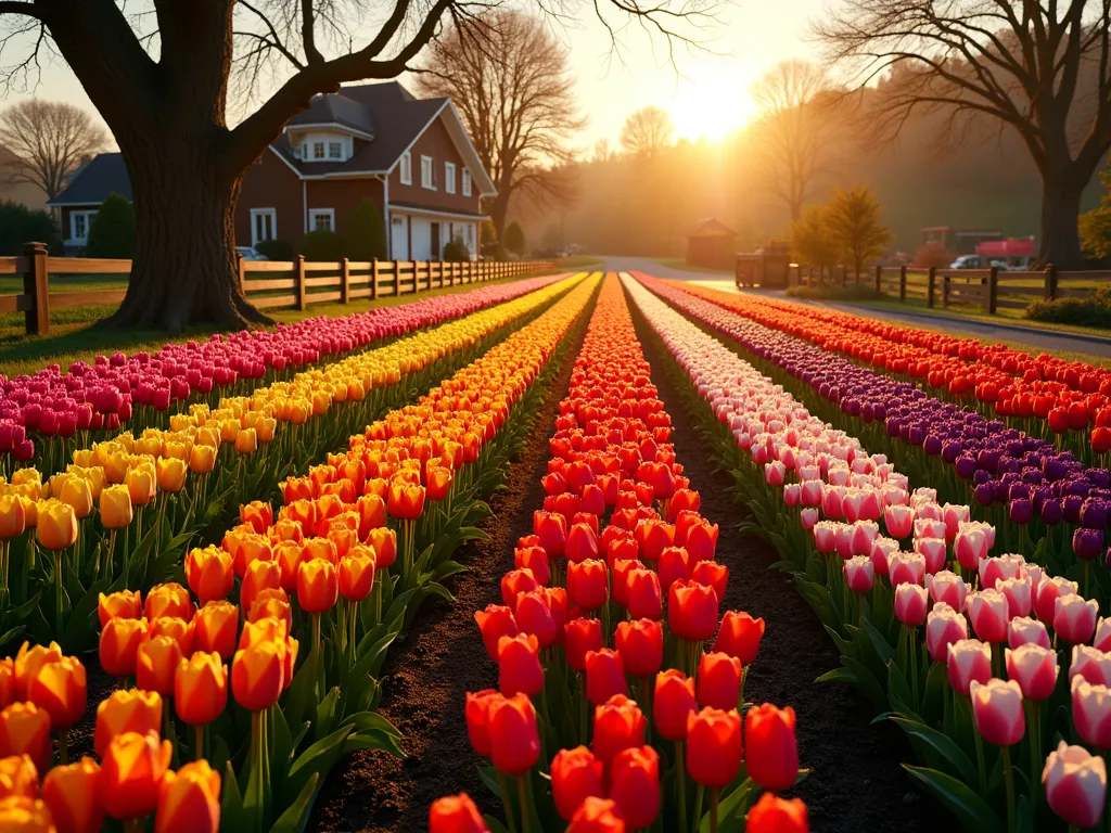 Rainbow Tulip Field Aerial - Stunning aerial perspective of a meticulously planned garden featuring parallel rows of vibrant tulips creating a mesmerizing rainbow pattern, photographed during golden hour. The rows stretch from foreground to background, alternating between red, orange, yellow, pink, purple, and white tulip varieties. Long shadows cast by the setting sun emphasize the linear patterns, while soft golden light illuminates the flower petals. A rustic wooden fence frames one edge of the garden, with a classic countryside cottage partially visible in the background. The composition captures both the grand scale and intimate beauty of the tulip garden, with dew drops glistening on the flowers adding magical sparkle to the scene. Photorealistic, high detail, cinematic lighting.