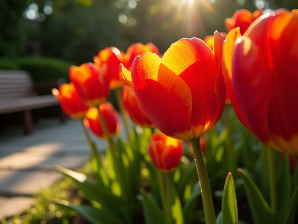 Golden Hour Tulip Shadow Play - A close-up photograph of vibrant red and yellow tulips in a manicured garden bed, captured during late afternoon golden hour. The tulips are dramatically half-lit by warm sunlight, creating stark shadows and light contrasts across their petals. Some tulips are backlit, making their petals appear translucent and glowing. The background shows a blurred stone pathway and wooden garden bench, with dappled light filtering through nearby trees. The composition emphasizes the interplay of light and shadow on the tulips' curved petals, with some flowers fully illuminated while others remain in partial shadow, creating a striking chiaroscuro effect. Captured with shallow depth of field for dreamy bokeh.