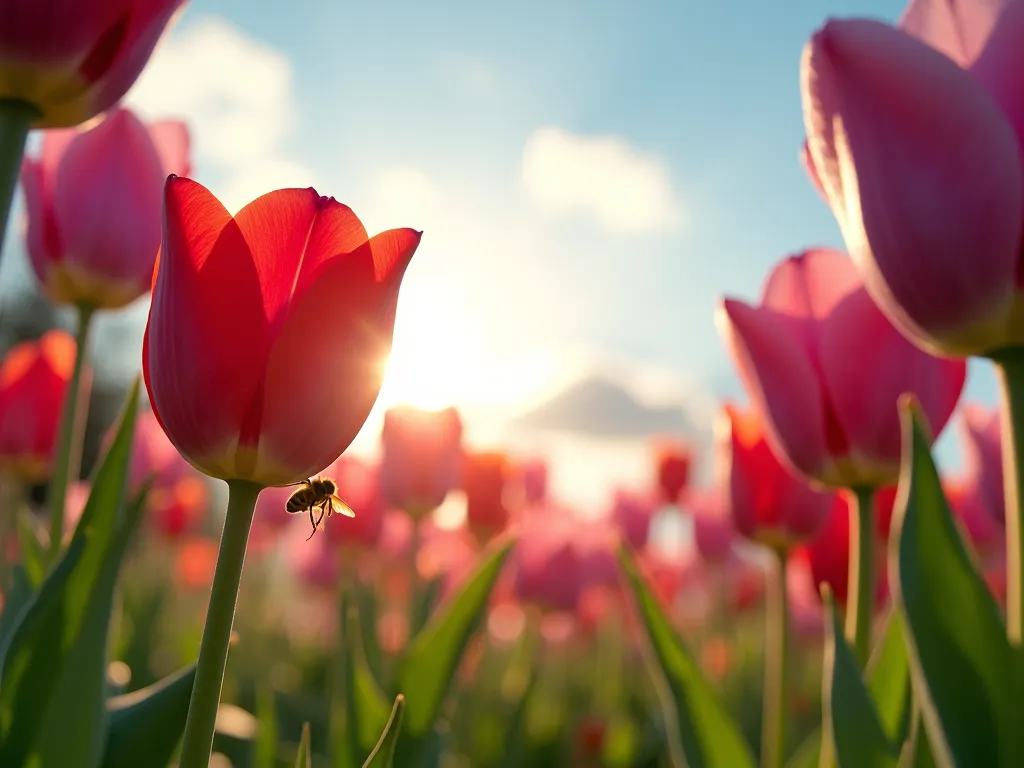 Tulip Garden from Below - A ground-level DSLR photograph shooting upward through a cluster of vibrant tulips in a spring garden, capturing the delicate stems rising like a magical forest against a soft blue sky with wispy clouds. The tulip petals are backlit by golden late afternoon sunlight, creating a dreamy, ethereal glow with bokeh effects. Red, pink, and purple tulips frame the composition, their translucent petals revealing intricate vein patterns. A curious honeybee hovers near one of the flowers, adding life to the scene. The perspective makes viewers feel like they're lying in a secret garden, with ornamental grass providing subtle texture in the background.