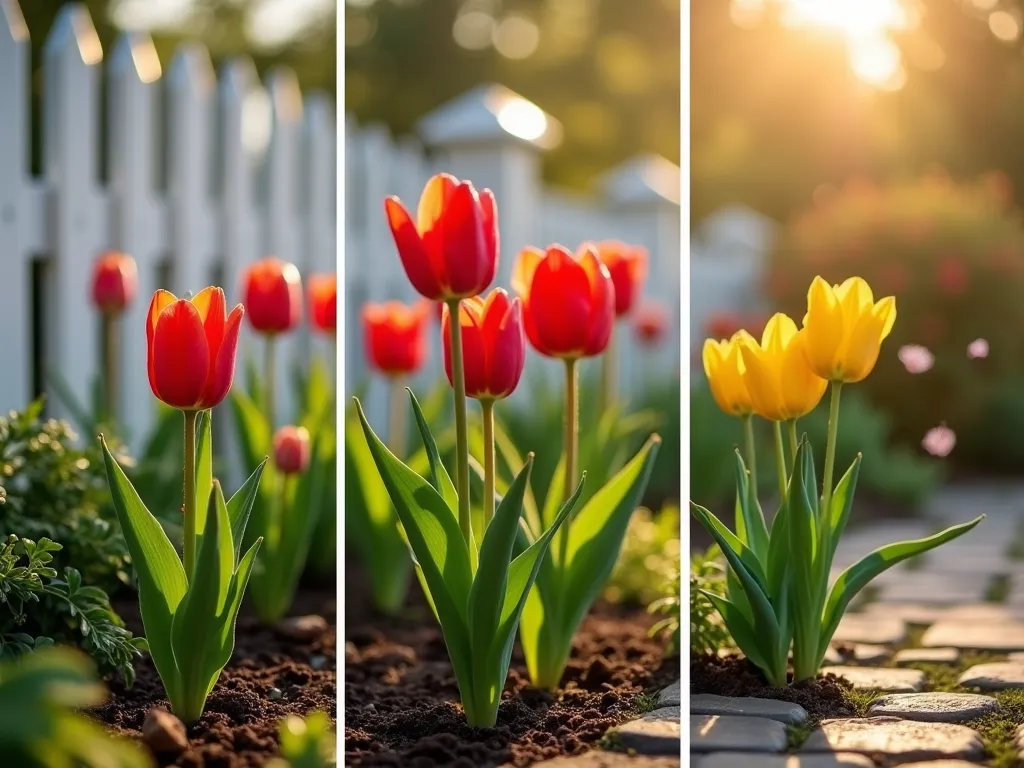 Tulip Life Cycle in Morning Garden - A stunning triptych-style composition in a well-manicured backyard garden, capturing three stages of tulip growth in golden morning light. In the foreground, emerging green shoots break through dewy soil beside a rustic stone pathway. The middle frame shows vibrant red and yellow tulips in full magnificent bloom against a backdrop of white picket fence. The final frame depicts delicate falling petals caught in motion, with soft bokeh effects. Professional DSLR photo with perfect exposure, crystal clear detail, and dreamy natural lighting filtering through morning mist. Shallow depth of field emphasizes the tulips while softly blurring the garden background featuring ornamental grasses and flowering shrubs.