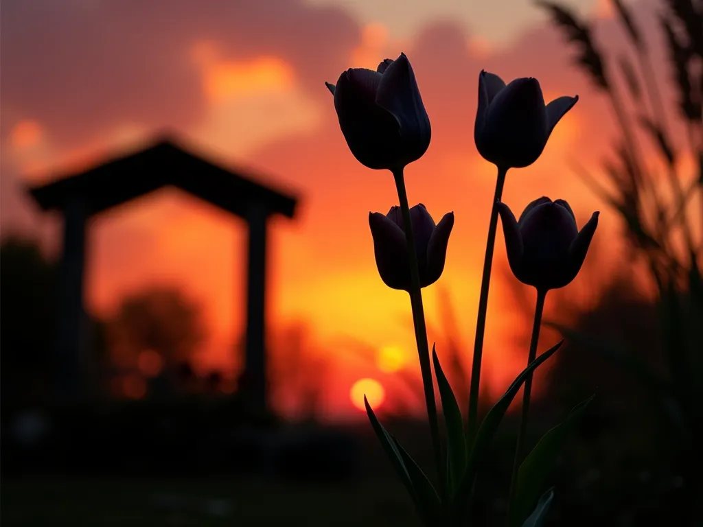 Tulip Silhouette at Golden Hour - A stunning photographic composition of elegant tulip silhouettes in a backyard garden setting during sunset, shot with a 16-35mm lens at f/2.8. The vibrant orange and pink sky creates a dramatic backdrop as the sun sets low on the horizon. Three tall tulips in perfect black silhouette stand prominently in the foreground, their distinctive cup shapes and long stems creating bold, graphic forms. A rustic wooden garden arch frames the scene in the middle distance, while ornamental grasses sway gently in the background, their delicate forms also silhouetted against the glowing sky. Low angle perspective emphasizes the majesty of the tulips, making them appear to reach toward the illuminated clouds. Soft bokeh effect adds depth and atmospheric quality to the composition.