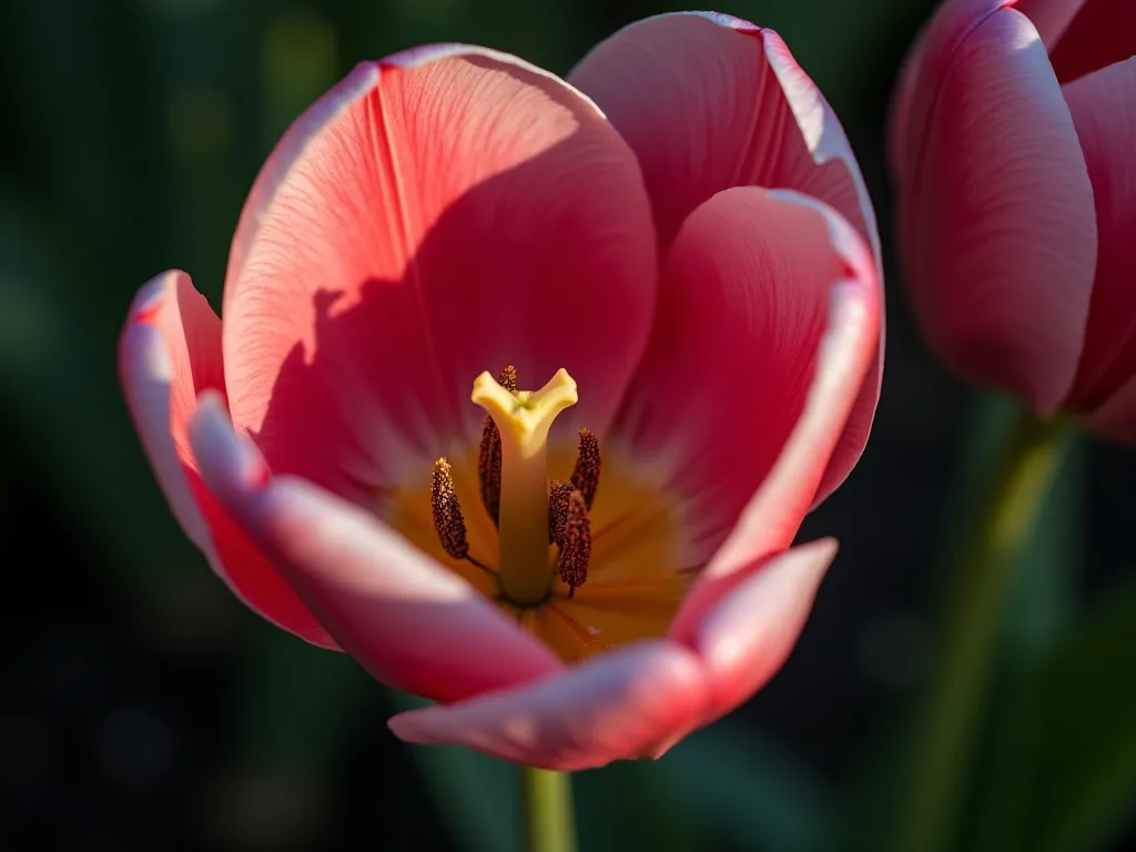 Tulip Stamen Macro Magic - Extreme macro photograph of a pink tulip's inner structure at dawn, capturing delicate stamens dusted with golden pollen against a dark background. Morning dew drops cling to the anthers, creating natural prisms that catch the first rays of sunlight. The image reveals intricate textures and patterns within the flower's heart, with crystalline details of the pollen grains visible. Shot in a peaceful garden setting with a shallow depth of field that renders the background garden into a soft, dreamy bokeh of greens and other spring blooms.