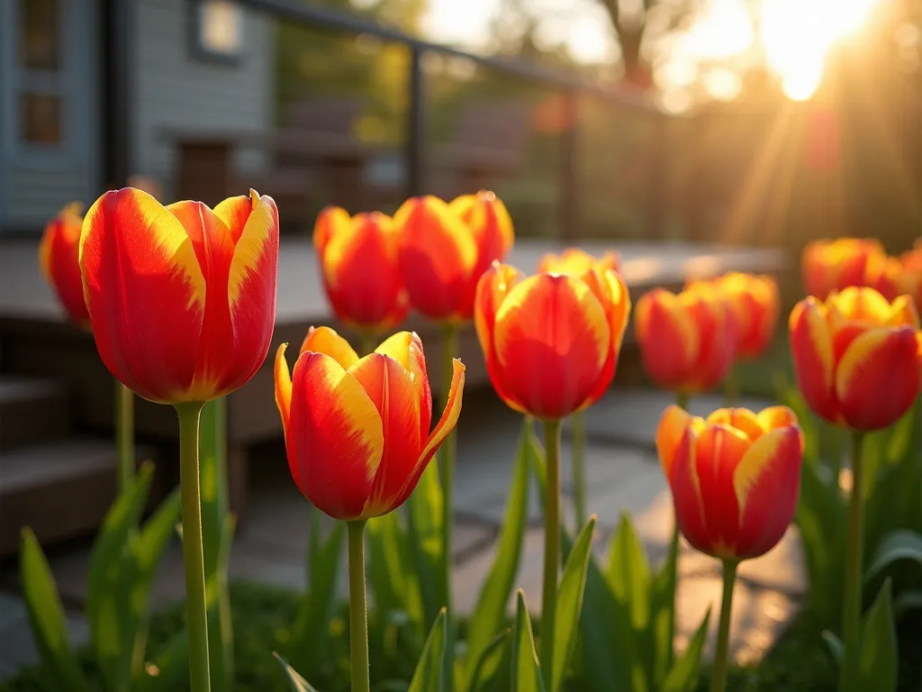 Windswept Tulip Dance at Dawn - A mesmerizing DSLR photograph of vibrant red and yellow tulips in a garden border, captured during early morning golden hour. The flowers are caught in an ethereal dance of motion blur against a soft-focused background of a contemporary wooden deck and garden path. Using a slow shutter speed of 1/15th second, the tulip blooms show graceful movement while their stems maintain subtle sharpness. Dew drops glisten on the petals as they sway in the morning breeze. The composition features both sharp and blurred elements, with some tulips in perfect focus while others create artistic streaks of color. Natural golden sunlight filters through the scene, creating a dreamlike atmosphere with lens flare and bokeh effects. The garden setting includes a weathered wooden deck in the background and a subtle stone pathway weaving through the tulip bed.