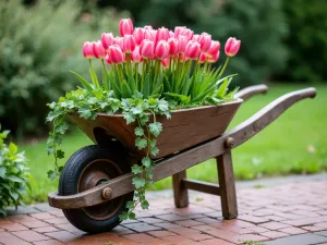 Antique Wheelbarrow Garden - Rustic wooden wheelbarrow transformed into a planter, filled with pink parrot tulips and trailing ivy, placed on a brick patio