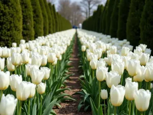 Architectural Tulip Rows - Ground-level view down precise rows of tall white tulips creating strong architectural lines, framed by clipped yew pyramids