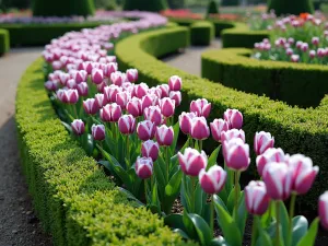 Baroque Tulip Display - Close-up detail of an ornate baroque-style garden featuring swirling patterns of purple and white tulips bordered by perfectly clipped dwarf box hedging