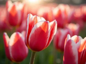 Candy Stripe Delight - Close-up of red and white striped tulips mixed with solid pink varieties, creating a candy-cane inspired color scheme with morning sunlight