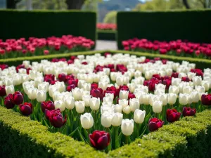 Checkerboard Tulip Garden - An elegant checkerboard pattern of white and burgundy tulips in a formal garden setting, viewed from a 45-degree angle, with perfectly trimmed boxwood borders