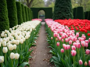 Classical Tulip Borders - Elegant formal garden borders with graduated heights of white, pink, and red tulips against a backdrop of immaculately clipped boxwood walls, shot at eye level