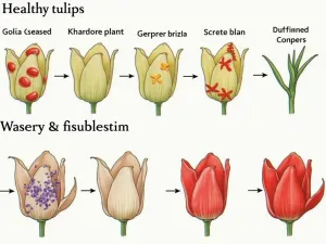 Common Tulip Problems - Visual guide showing common tulip diseases and pest problems, with close-up details of symptoms and comparison to healthy plants