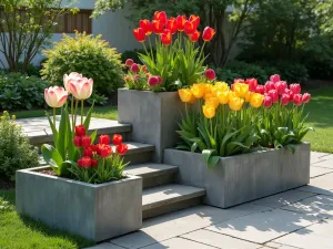 Container Height Play - Artistic arrangement of containers at different elevations featuring tulips of contrasting heights, creating a dynamic vertical display on modern garden steps