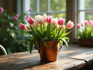 Copper Pot Tulip Display - A vintage copper container overflowing with pink and white tulips on a rustic wooden table, soft morning light filtering through, creating a cozy cottage garden feel